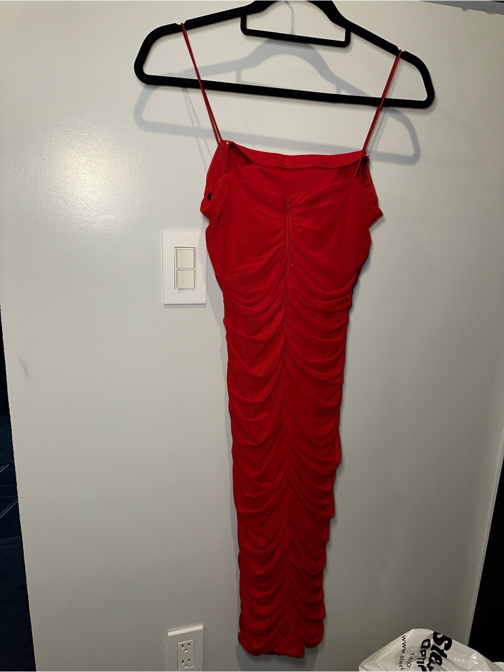B Darlin Red Ruched Midi Dress with Spaghetti Straps